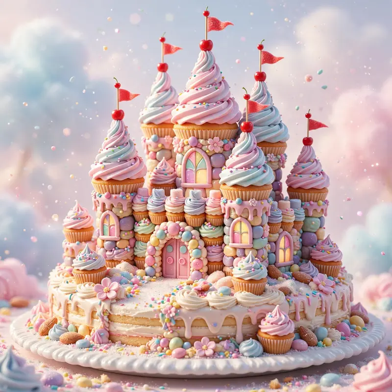 3D render of a castle made of cupcakes, frosting turrets, cherry flags, candy windows, on a cake-plate hill. Bright sugary lighting, ultra-glossy