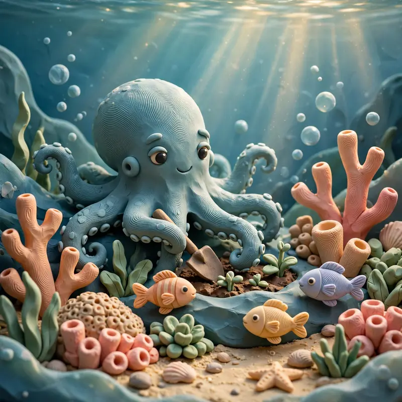 Clay render of an octopus tending an underwater garden, handmade coral, clay fish, fingerprint texture, sun rays through water. Soft blue-green