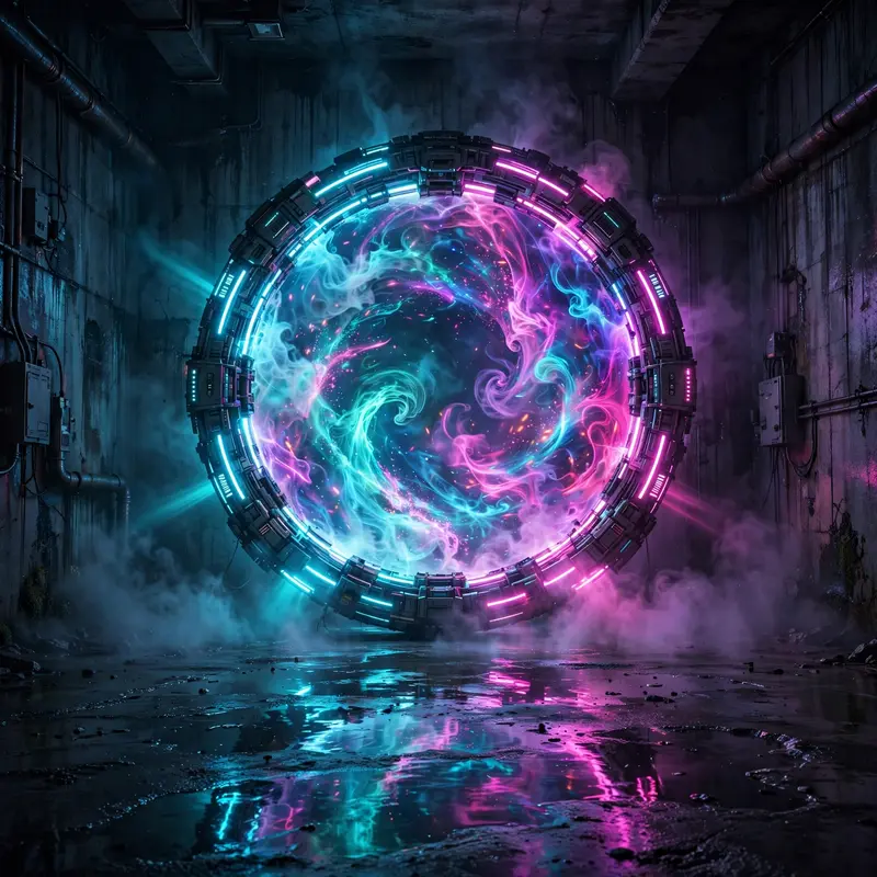 3D render of a glowing neon portal ring in a dark concrete room, energy swirling inside, reflections on wet floor. Electric cyan and magenta glow