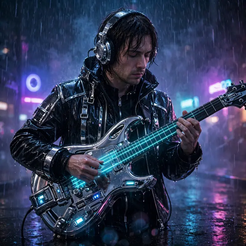 a synth musician playing a laser guitar rendered in sci-fi render, chrome glinting under the downpour. Volumetric neon haze set a mysterious and noir