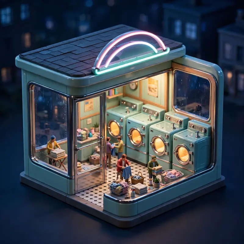 Isometric 3D render of a tiny retro laundromat at night, glowing washers, miniature customers folding clothes, neon sign. Cool night tones with warm