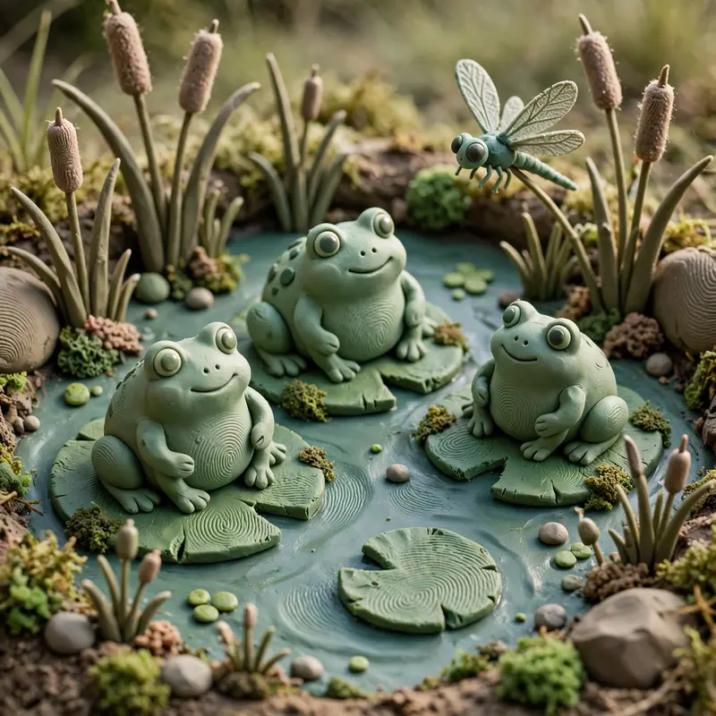 Clay render of a frog pond scene, chubby handmade frogs on lily pads, clay dragonfly, fingerprint texture, reeds. Soft pond lighting, matte green