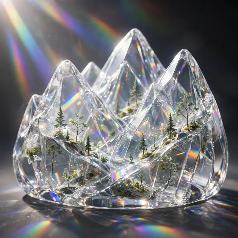 3D render of a miniature glass mountain terrain, translucent peaks, tiny trees inside the glass, light refracting through. Prismatic studio lighting