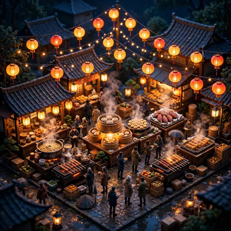 Isometric 3D render of a tiny Asian night market, glowing food stalls, miniature crowds, hanging lanterns, steam rising. Warm lantern glow against