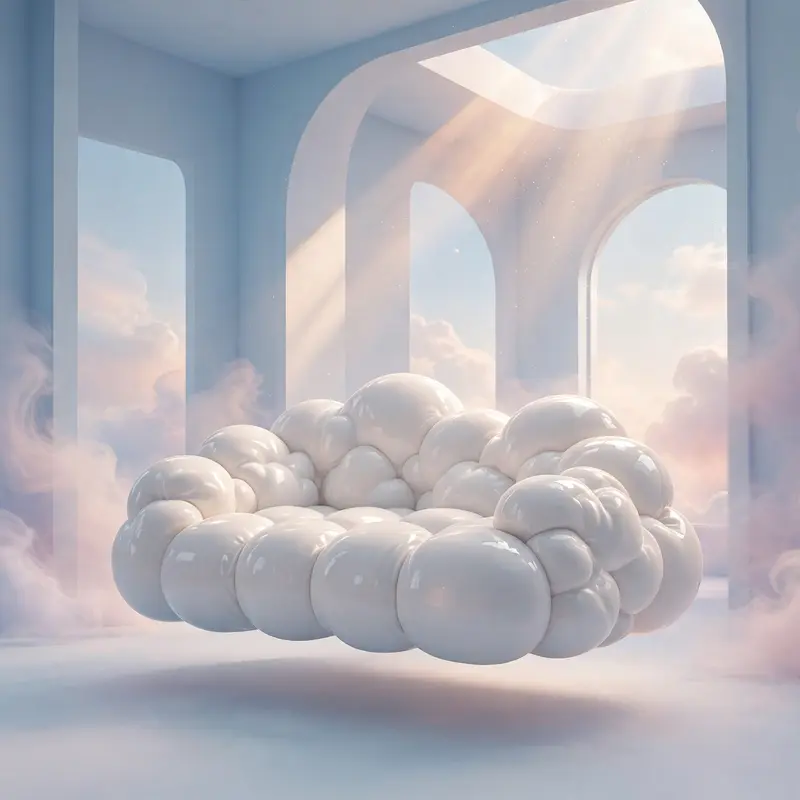 3D render of a sofa shaped like a fluffy cloud, glossy white vinyl, floating in a pastel sky room, sunbeams. Soft dreamy lighting, plush glossy