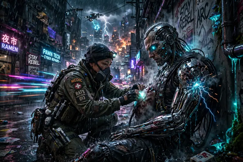 High-octane gritty neo-noir cyberpunk style artwork of a street medic patching a wounded cyborg, motion frozen amid the storm. Bioluminescent accent