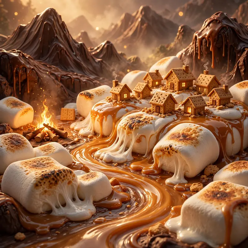 3D render of a world made of giant toasted marshmallows, caramel rivers, chocolate mountains, tiny graham-cracker houses. Warm campfire lighting