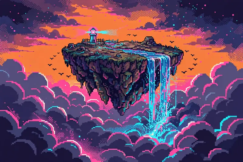 a floating island with a waterfall spilling off its edge into clouds below, a tiny lighthouse on top, birds circling in an orange sunset sky