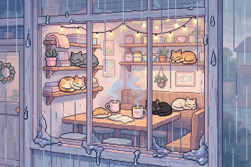 a warm cat cafe seen through a rain-streaked window, cats lounging on shelves and tables, steaming mugs, string lights glowing inside. Rendered as