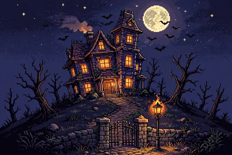 a crooked haunted mansion on a hill under a full moon, glowing windows, dead trees, bats crossing the sky, a flickering lamppost at the gate