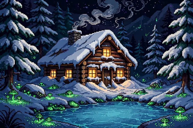 a log cabin buried in snow with warm light in every window, smoke curling from the chimney, pine trees heavy with snow, a frozen pond nearby