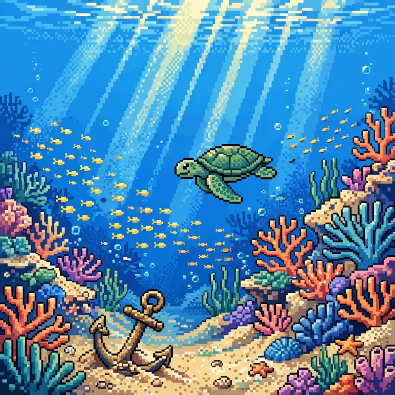 a vibrant coral reef with a sea turtle gliding past, schools of tiny fish, shafts of sunlight cutting through blue water, an old anchor half-buried