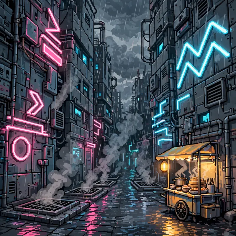 a rain-slicked cyberpunk alley stacked with neon signs in pink and cyan, steam rising from vents, a noodle cart glowing at the corner. Rendered as