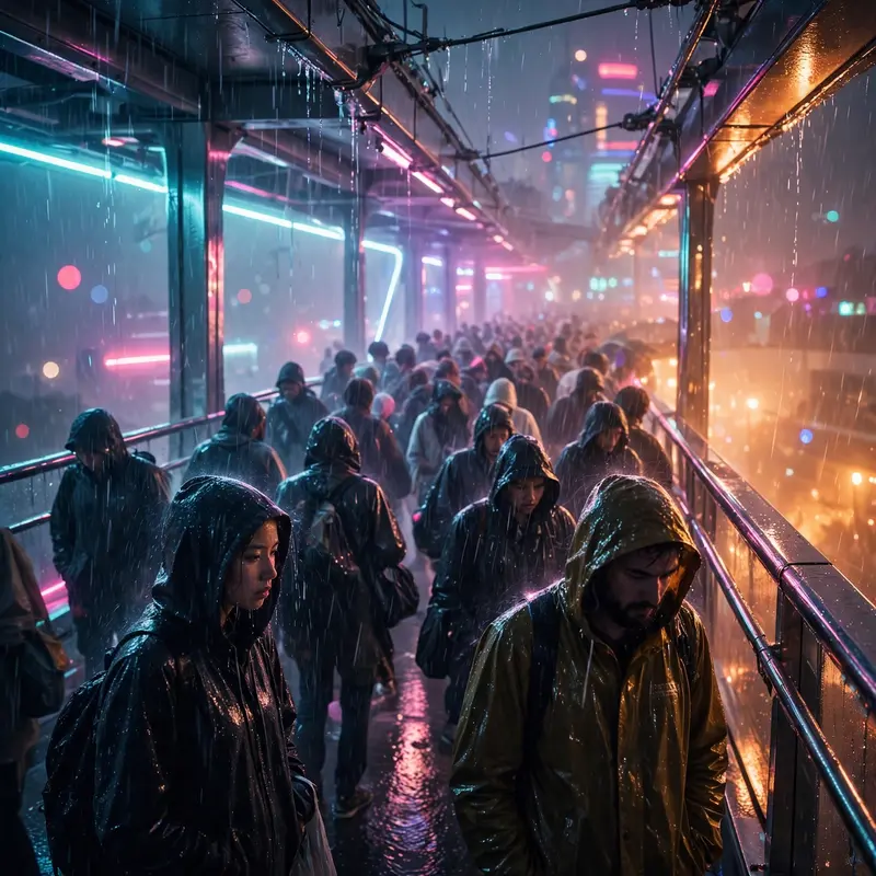 retro-futurist synthwave art style portrait of a monsoon-soaked crowd crossing a skybridge, half-lit by the city's glow. Rain-streaked neon