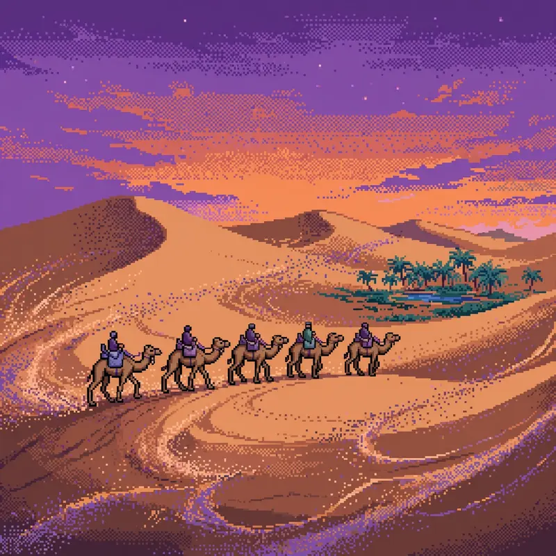 a camel caravan crossing dunes at dusk, a distant oasis with palm trees, a purple-orange sky, sand swirling in the wind. Rendered as 16-bit pixel art