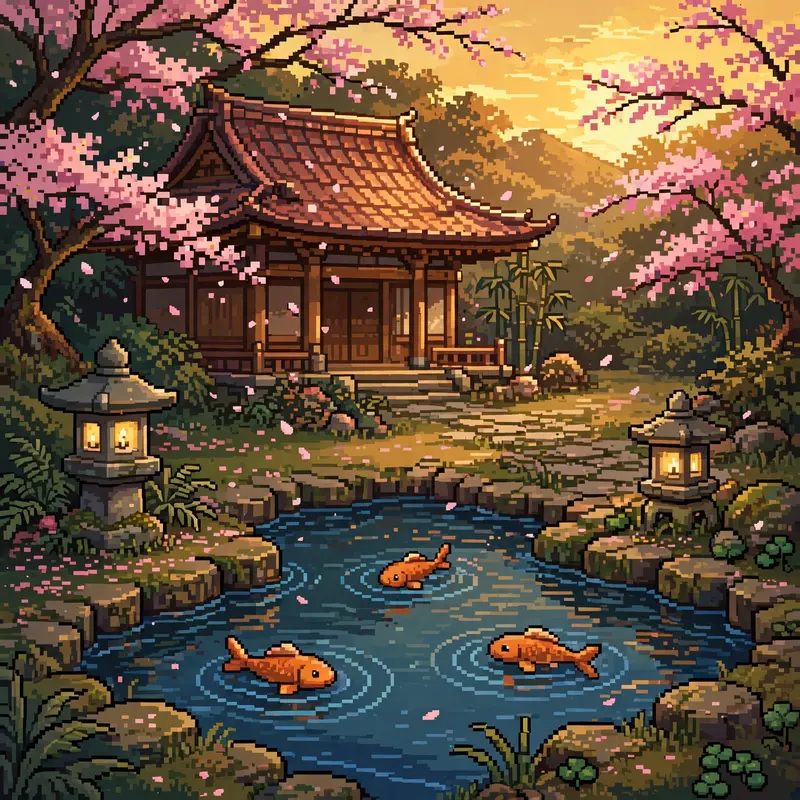 a tranquil temple garden with a koi pond, orange fish rippling the water, stone lanterns, cherry blossoms drifting down. Rendered as 16-bit pixel art