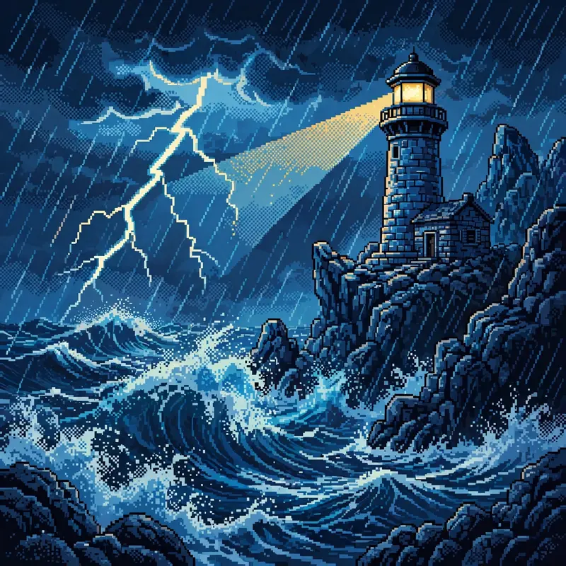 a lighthouse on jagged rocks during a storm, huge waves crashing, lightning splitting a dark sky, the beam cutting through rain. Rendered as 16-bit