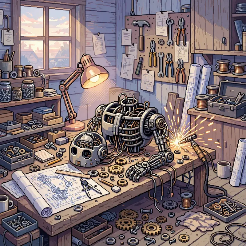 a cluttered inventor workshop with a half-built robot on a workbench, scattered gears and blueprints, a warm desk lamp, sparks from a welder