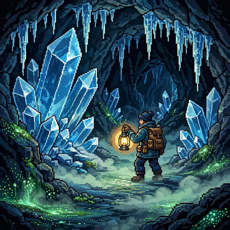 an explorer with a lantern inside a crystal ice cave, blue crystals refracting light, icicles hanging from the ceiling, mist on the floor. Rendered