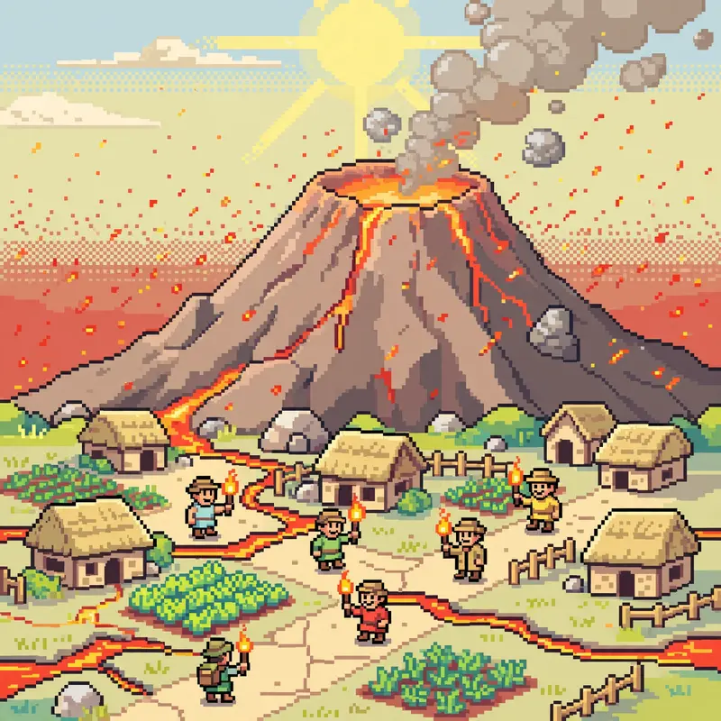a village at the foot of a smoking volcano, lava glowing in cracks, villagers with torches, a red-tinged night sky full of embers. Rendered as 16-bit