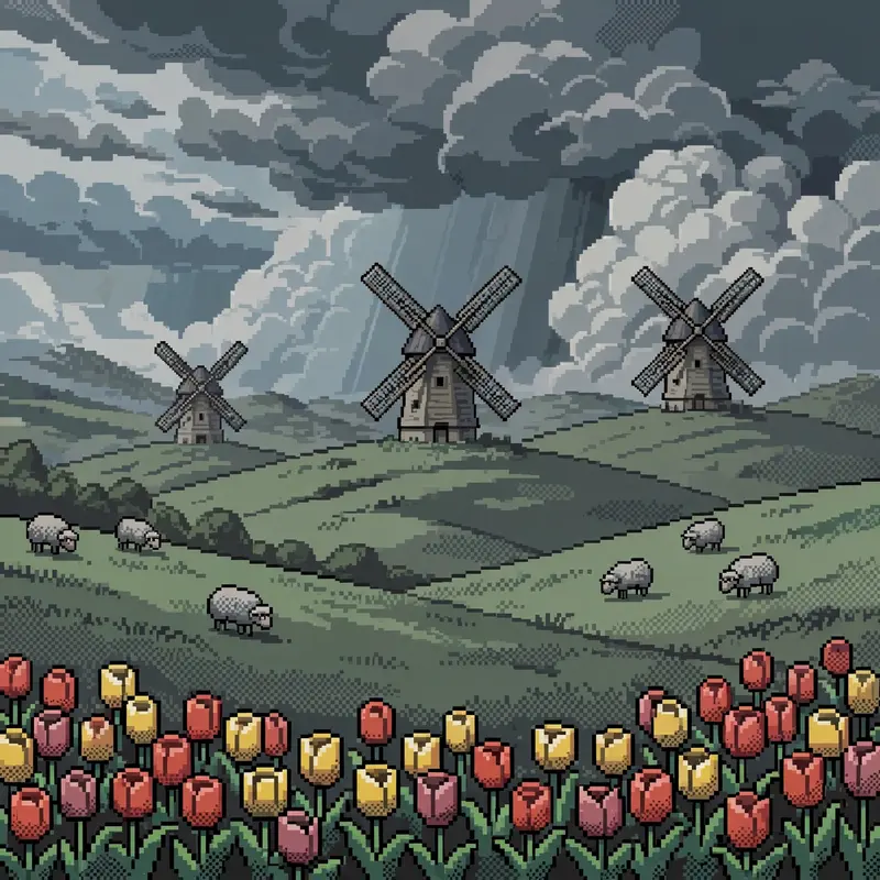 rolling green fields with classic windmills turning slowly, tulips in the foreground, sheep grazing, big fluffy clouds in a blue sky. Rendered as