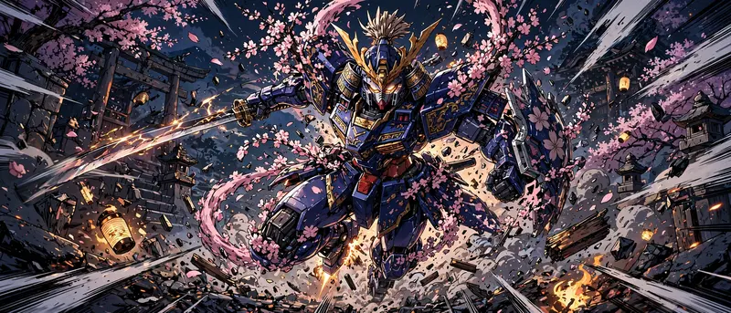 a mecha knight wreathed in cherry blossoms rendered in crisp digital anime style, frozen mid-action with bold motion lines and flying debris