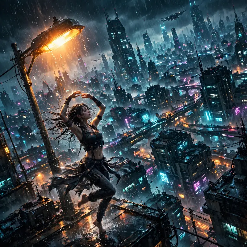 Sweeping high-contrast digital cyberpunk art vista featuring a rain dancer twirling under streetlights against the endless megacity. Cold