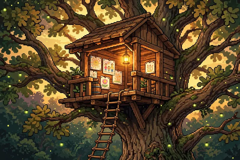 a wooden treehouse high in an ancient oak, rope ladder hanging down, warm lantern light, kids drawings pinned to the walls, fireflies around
