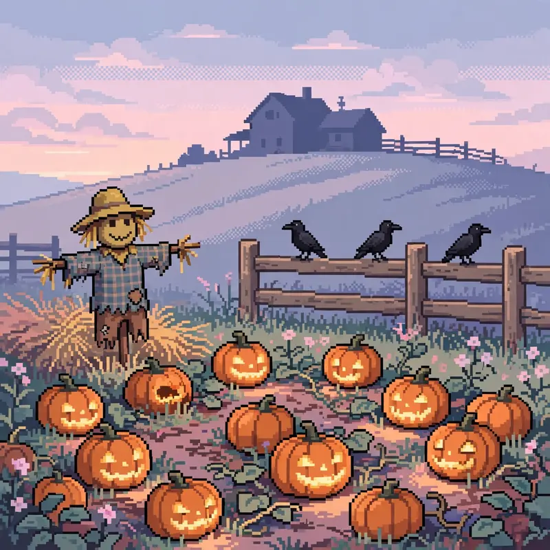 a pumpkin patch at dusk with carved jack-o-lanterns glowing, a scarecrow, crows on a fence, a farmhouse silhouette on the hill. Rendered as 16-bit