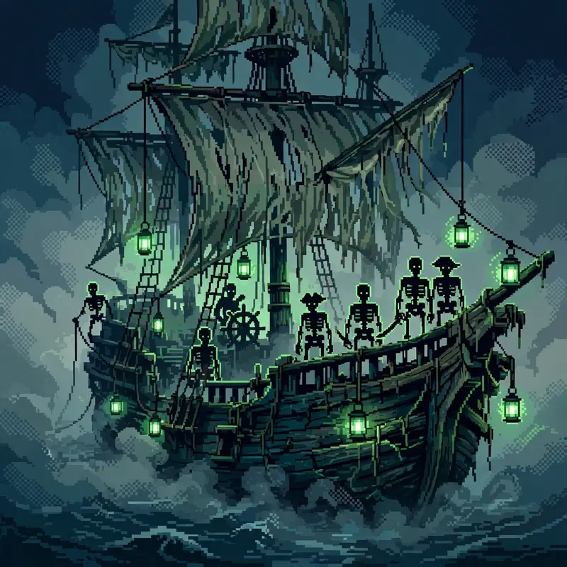 a ghostly galleon emerging from thick fog, tattered sails, eerie green lantern light, skeletal crew silhouettes on deck. Rendered as 16-bit pixel art