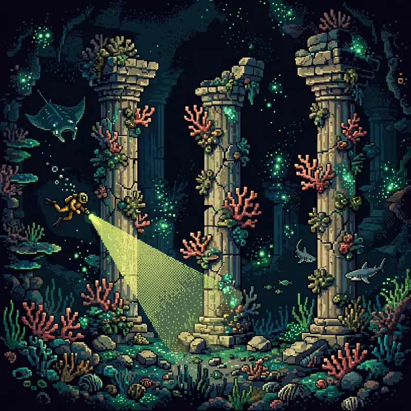 sunken ancient ruins reclaimed by coral, a diver with a flashlight, rays and small sharks circling marble columns. Rendered as 16-bit pixel art with