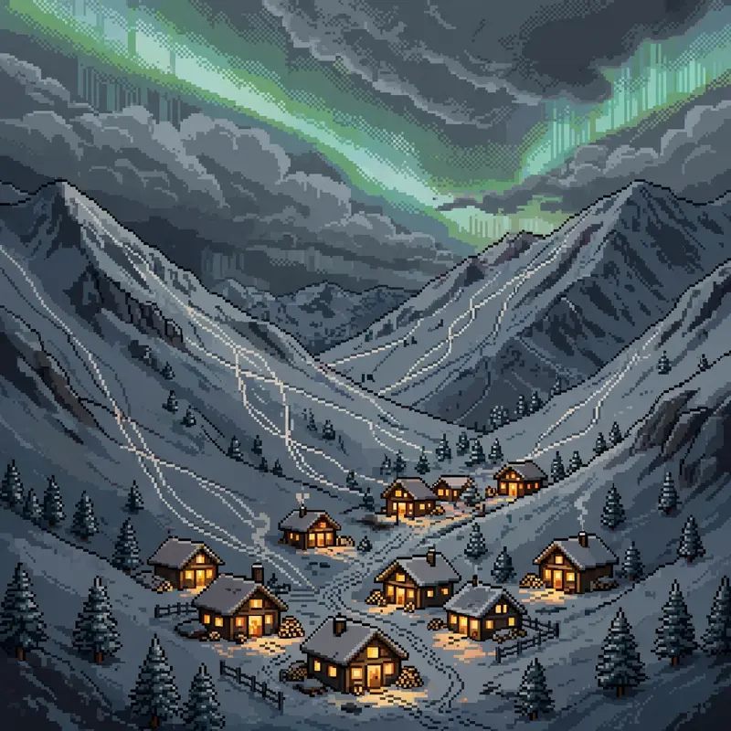 a tiny alpine village at night, every chalet glowing warm, skiers tracks on the slopes, the northern lights overhead. Rendered as 16-bit pixel art