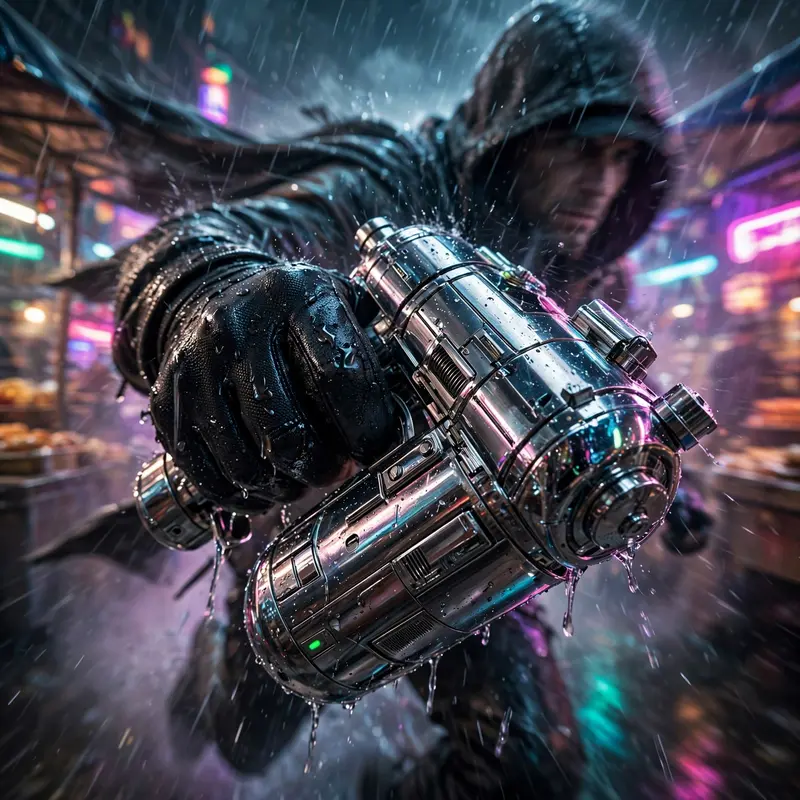 a data smuggler sprinting through a night market in moody dystopian concept art, rain hammering the neon-drenched streets. Rain-diffused neon bloom