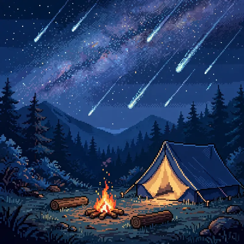 a campsite under a meteor shower, a tent glowing from inside, a campfire with two logs for seats, the Milky Way blazing above. Rendered as 16-bit