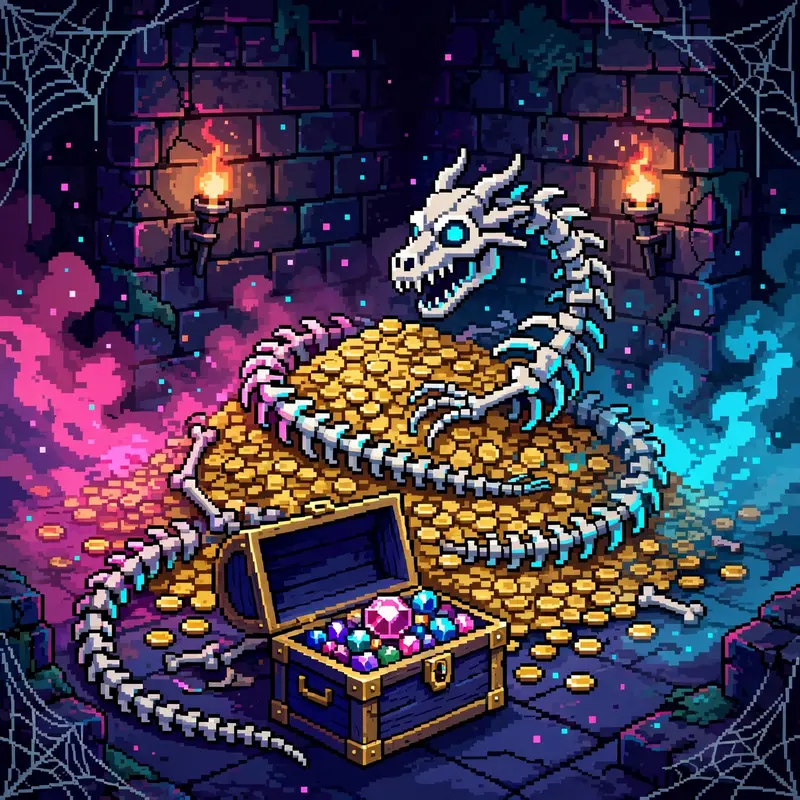 a torch-lit dungeon chamber piled with gold coins and a jeweled chest, a dragon skeleton coiled around the treasure, cobwebs in corners. Rendered as