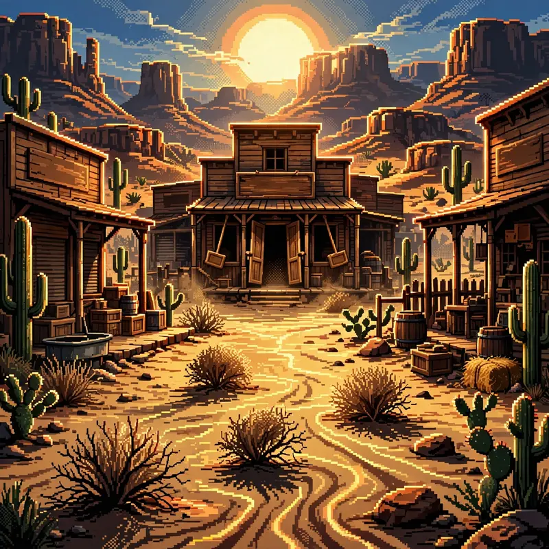 a desert frontier town at high noon, cacti and tumbleweeds, a saloon with swinging doors, heat haze rising off the dusty street. Rendered as 16-bit