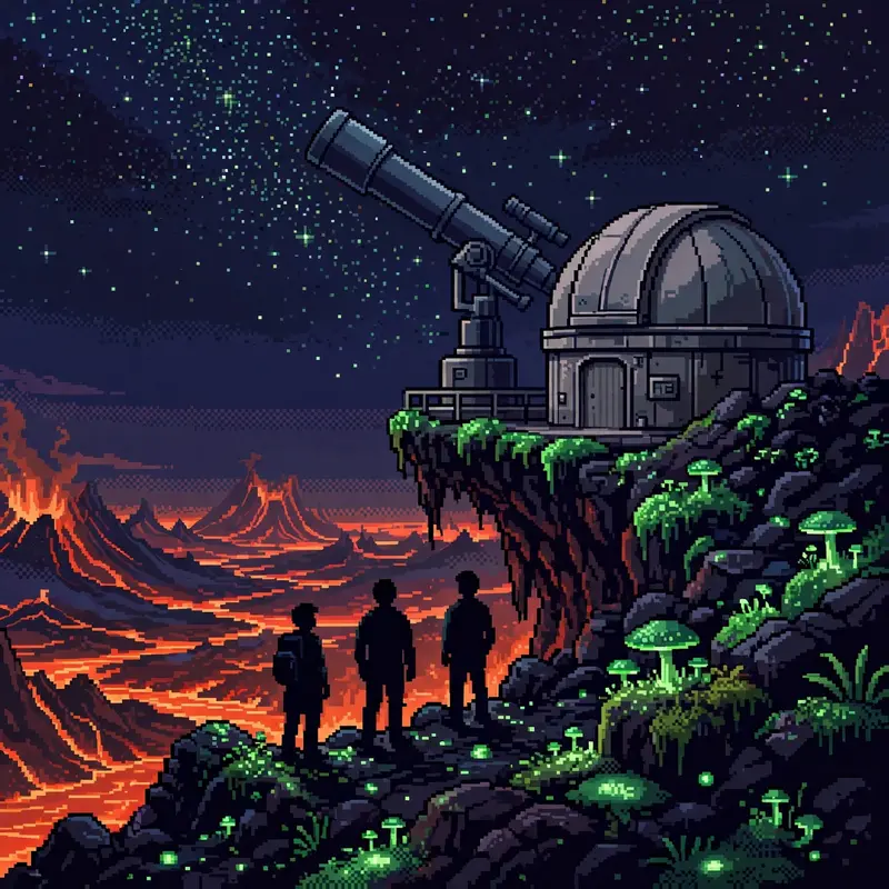 an observatory dome on a volcanic ridge, lava glow on the horizon, a huge telescope pointed at a starry sky, scientists silhouettes. Rendered as