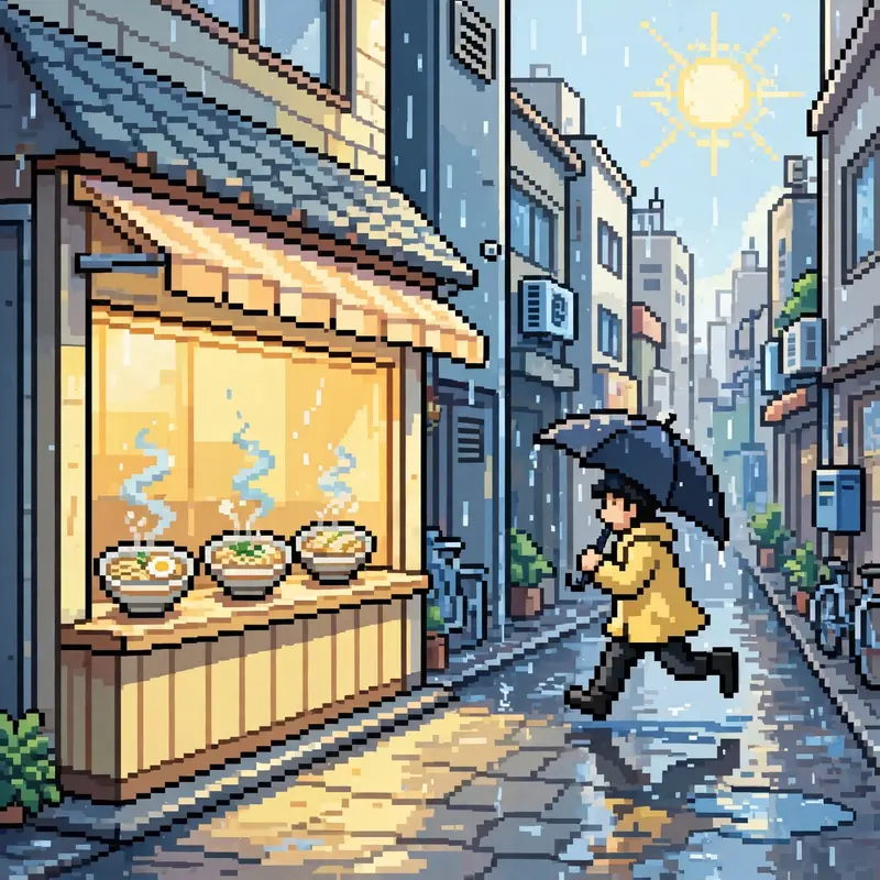 a tiny ramen shop glowing on a rainy Tokyo side street, steam rising from bowls in the window, a customer with an umbrella hurrying past. Rendered as