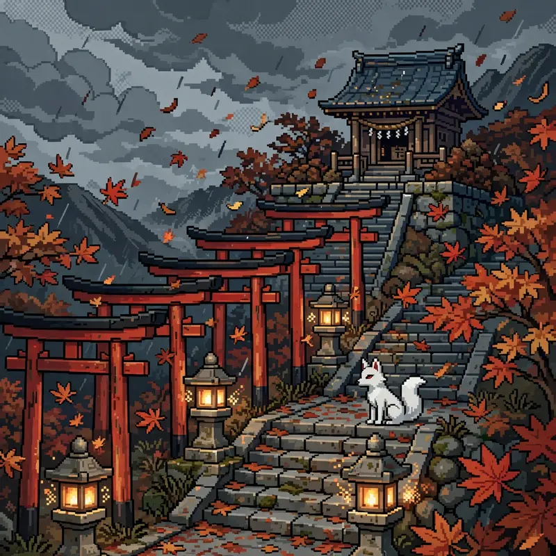 a fox spirit shrine in peak autumn, red torii gates, maple leaves swirling, stone lanterns lit, a white fox watching from the steps. Rendered as