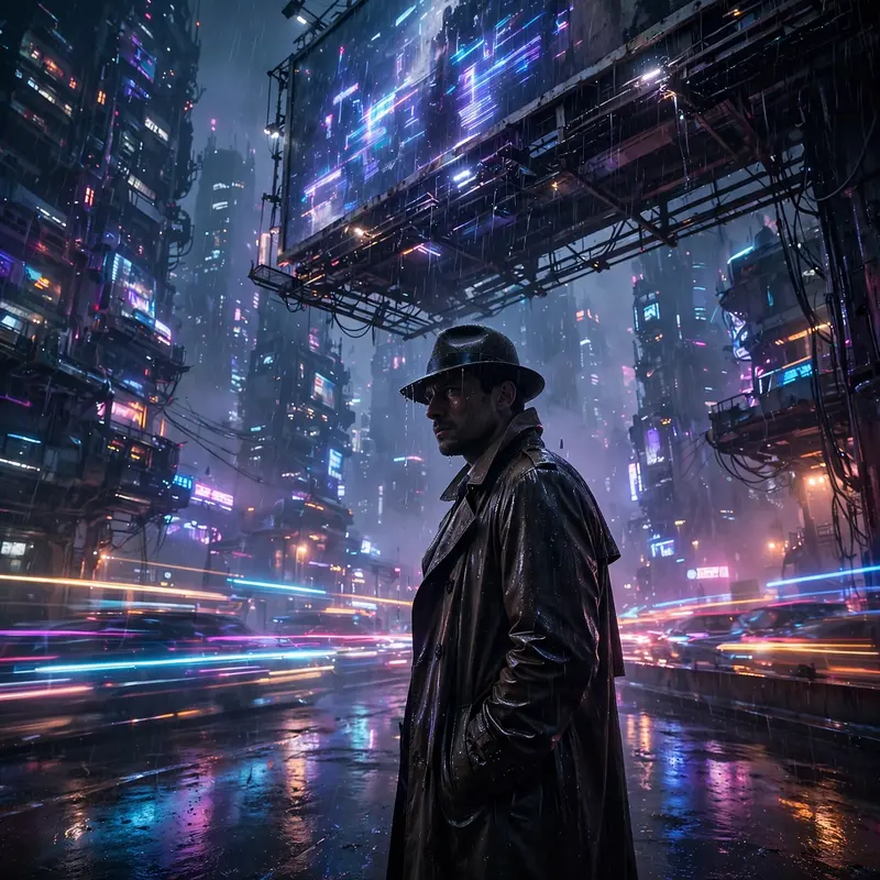 Cinematic frame of a rain-soaked detective under a buzzing billboard, rendered in cinematic cyberpunk realism amid towering megacity blocks