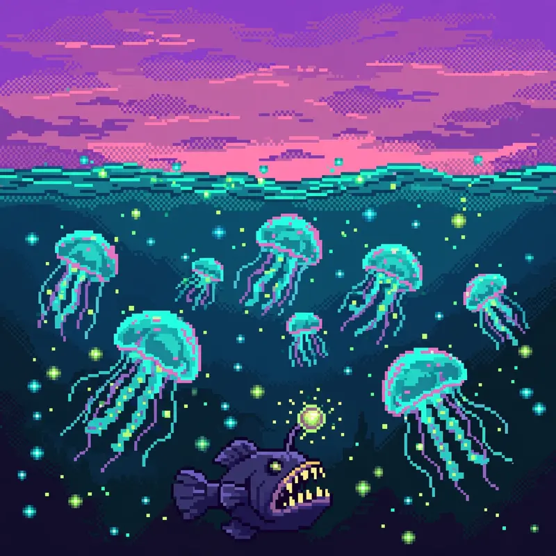 a swarm of glowing jellyfish in the deep sea, an anglerfish lurking below, bioluminescent plankton drifting like stars. Rendered as 16-bit pixel art