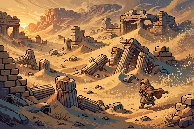 ancient desert ruins half-buried in sand during a sandstorm, broken columns, a lone traveler with a scarf over their face. Rendered as 16-bit pixel