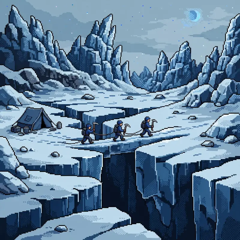 climbers with ice axes crossing a glacier, deep blue crevasses, a supply tent, jagged ice seracs against a pale sky. Rendered as 16-bit pixel art