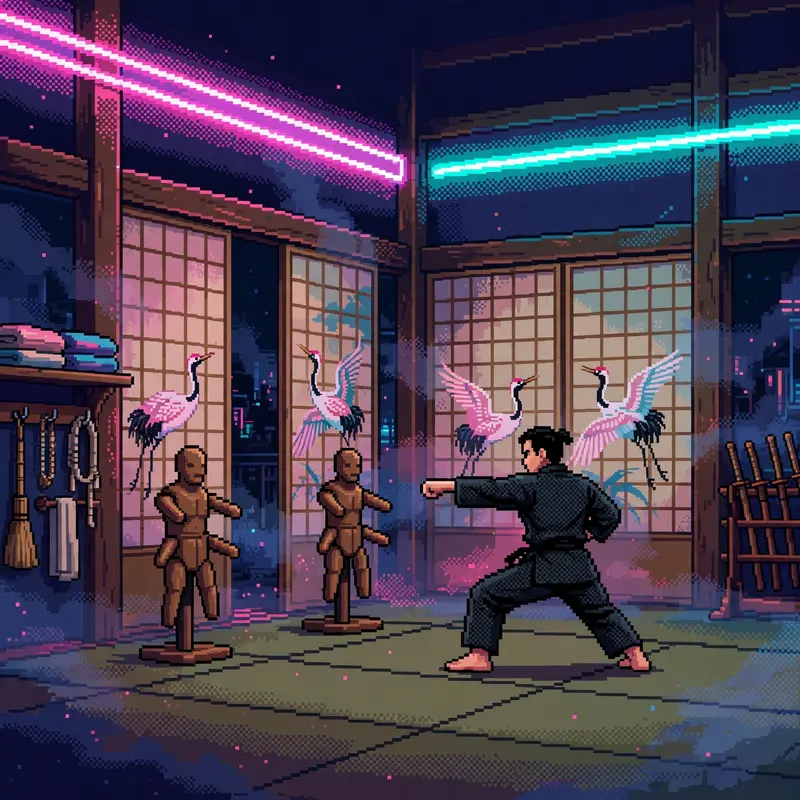 a dojo interior at night lit by neon, a lone martial artist practicing katas, wooden dummies, paper screens with painted cranes. Rendered as 16-bit