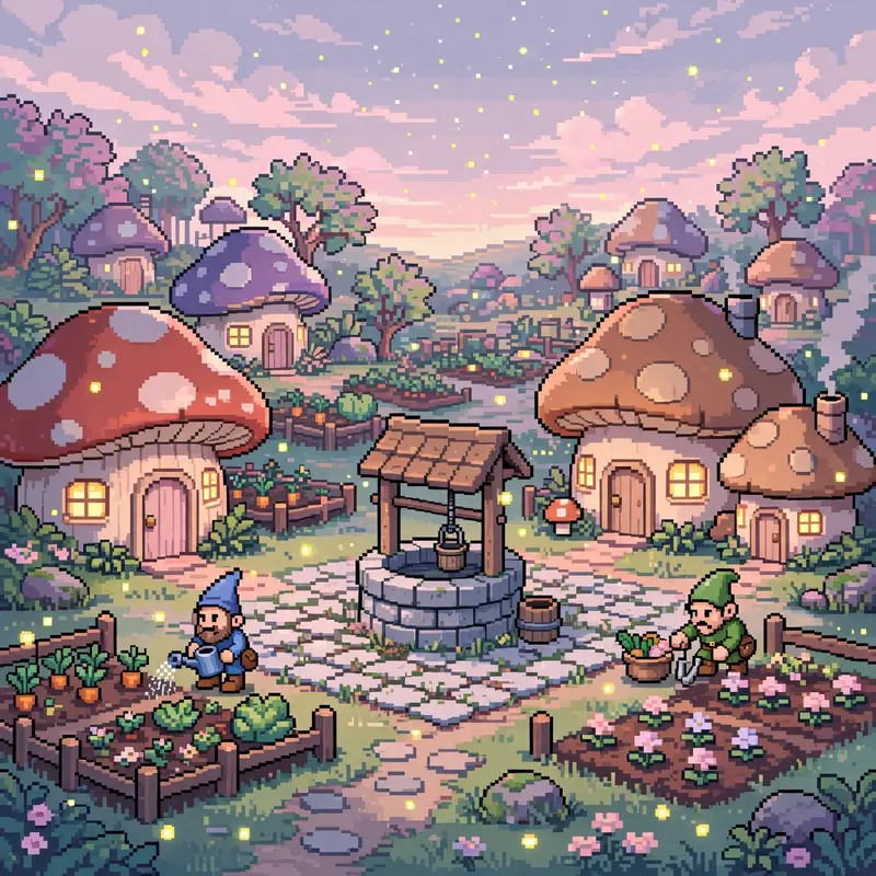 a village of mushroom houses with glowing windows, gnome gardeners, a well in the square, fireflies everywhere at twilight. Rendered as 16-bit pixel