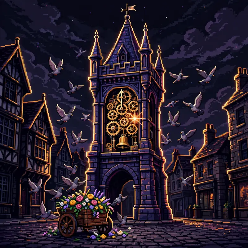 a Victorian clock tower over a cobblestone square, pigeons scattering, a flower cart, the clock striking with visible gears. Rendered as 16-bit pixel