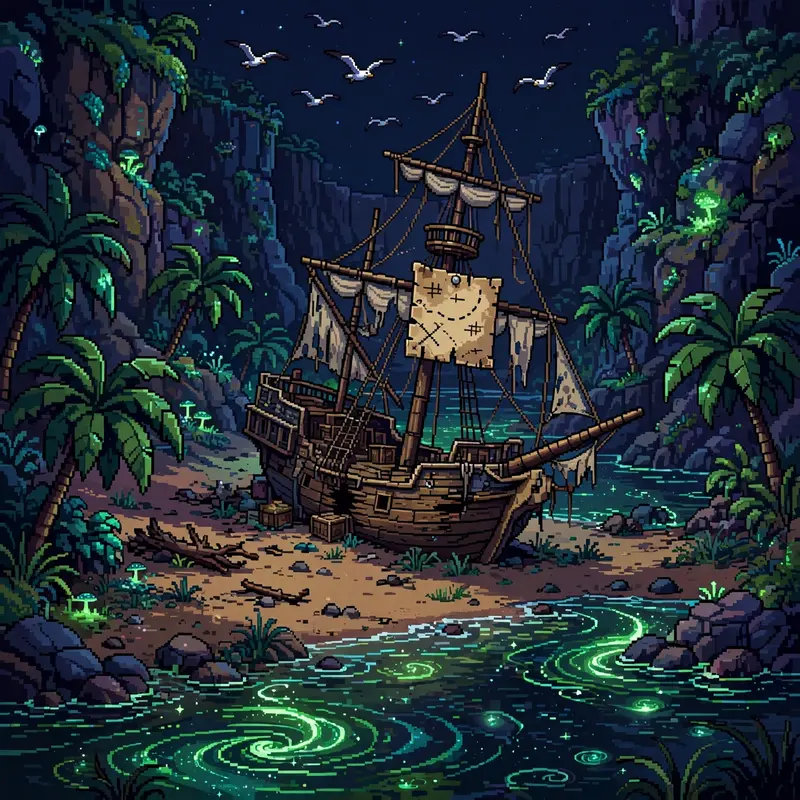a hidden pirate cove with a beached ship, palm trees, a treasure map pinned to a mast, seagulls wheeling. Rendered as 16-bit pixel art with chunky