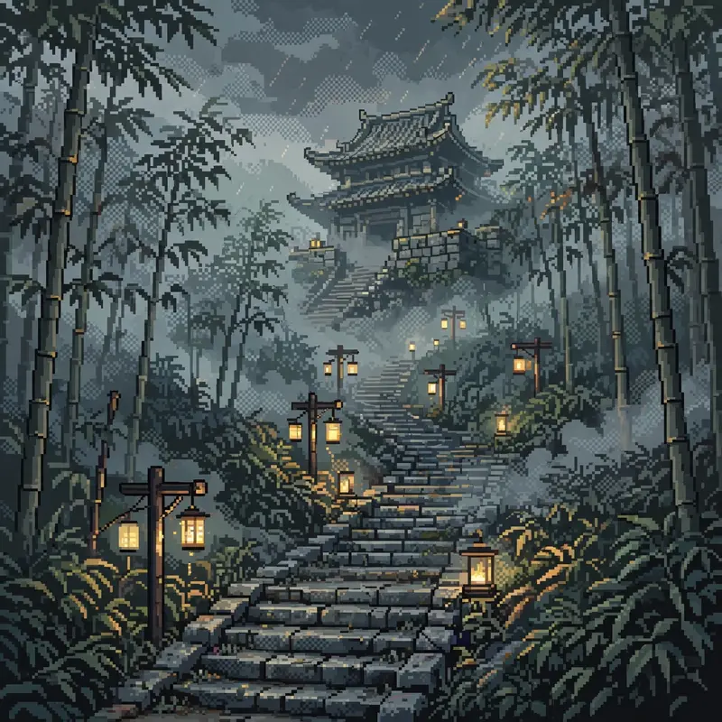 an ancient temple emerging from bamboo forest mist, stone steps worn smooth, monks lanterns glowing along the path. Rendered as 16-bit pixel art with