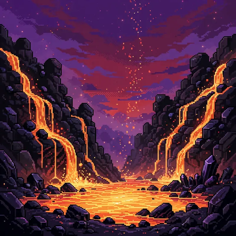 rivers of lava cascading down black cliffs into a glowing lake, obsidian rocks, embers rising into a dark red sky. Rendered as 16-bit pixel art with