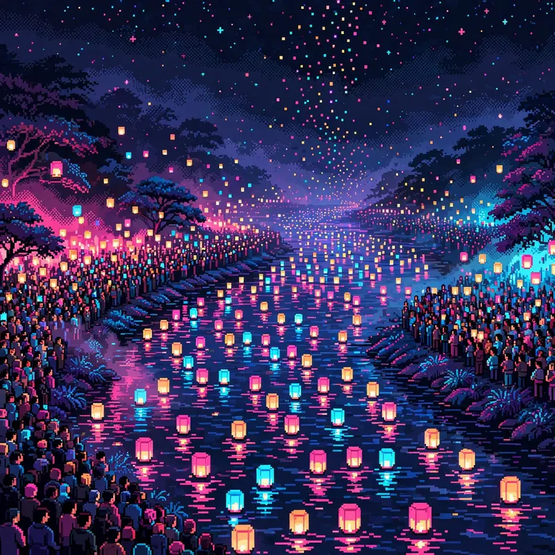 hundreds of paper lanterns floating down a night river, crowds on both banks, reflections shimmering on the water. Rendered as 16-bit pixel art with